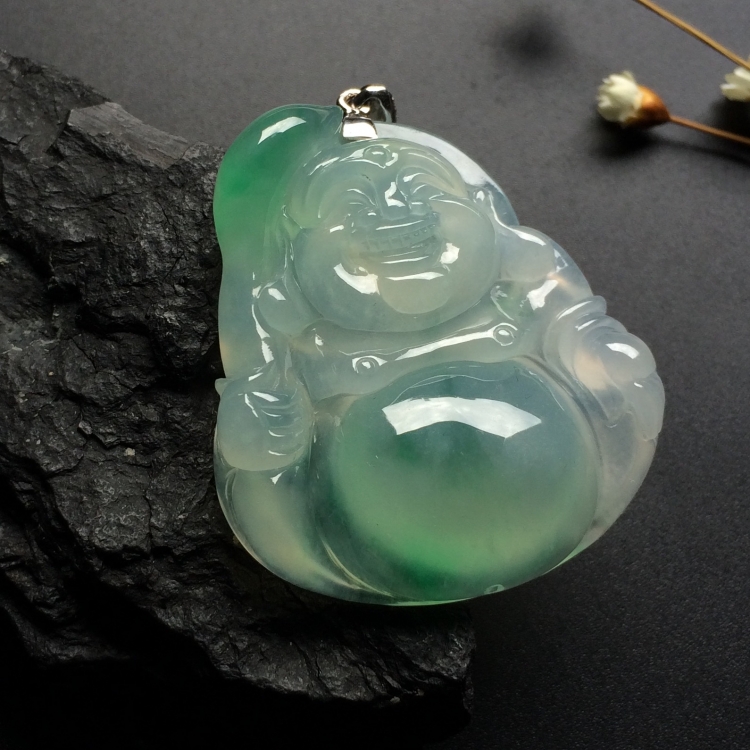 （超值推荐）冰种略飘花玉佛挂件（金扣）