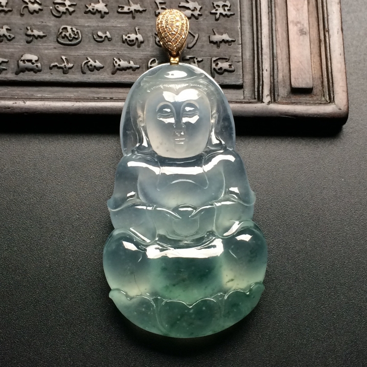 （超值推荐）冰玻种飘花观音挂件（金扣）