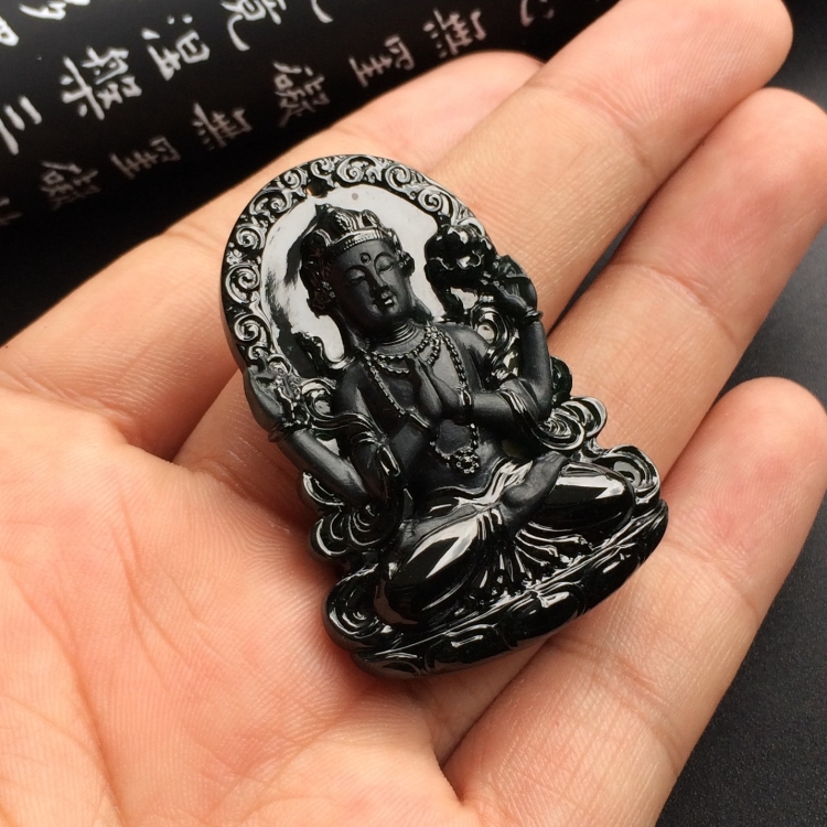 （超值推荐）冰玻种墨翠四臂观音挂件