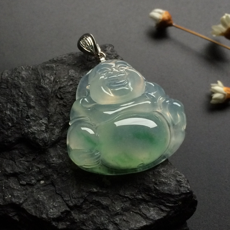 （超值推荐）冰种飘花玉佛挂件（金扣）