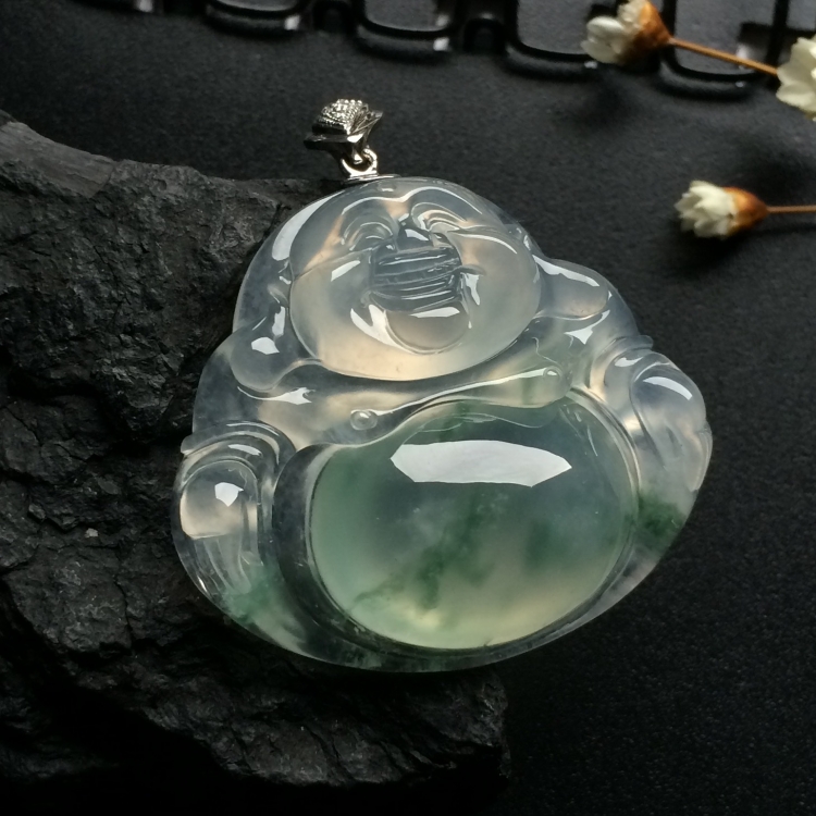 （超值推荐）冰玻种飘花玉佛挂件（金扣）