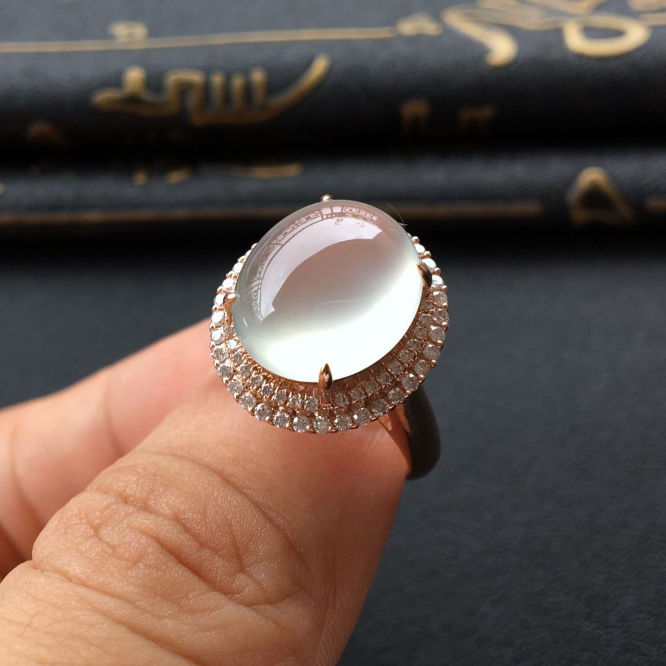 (超值推荐)冰种翠色镶玫瑰金钻石戒指