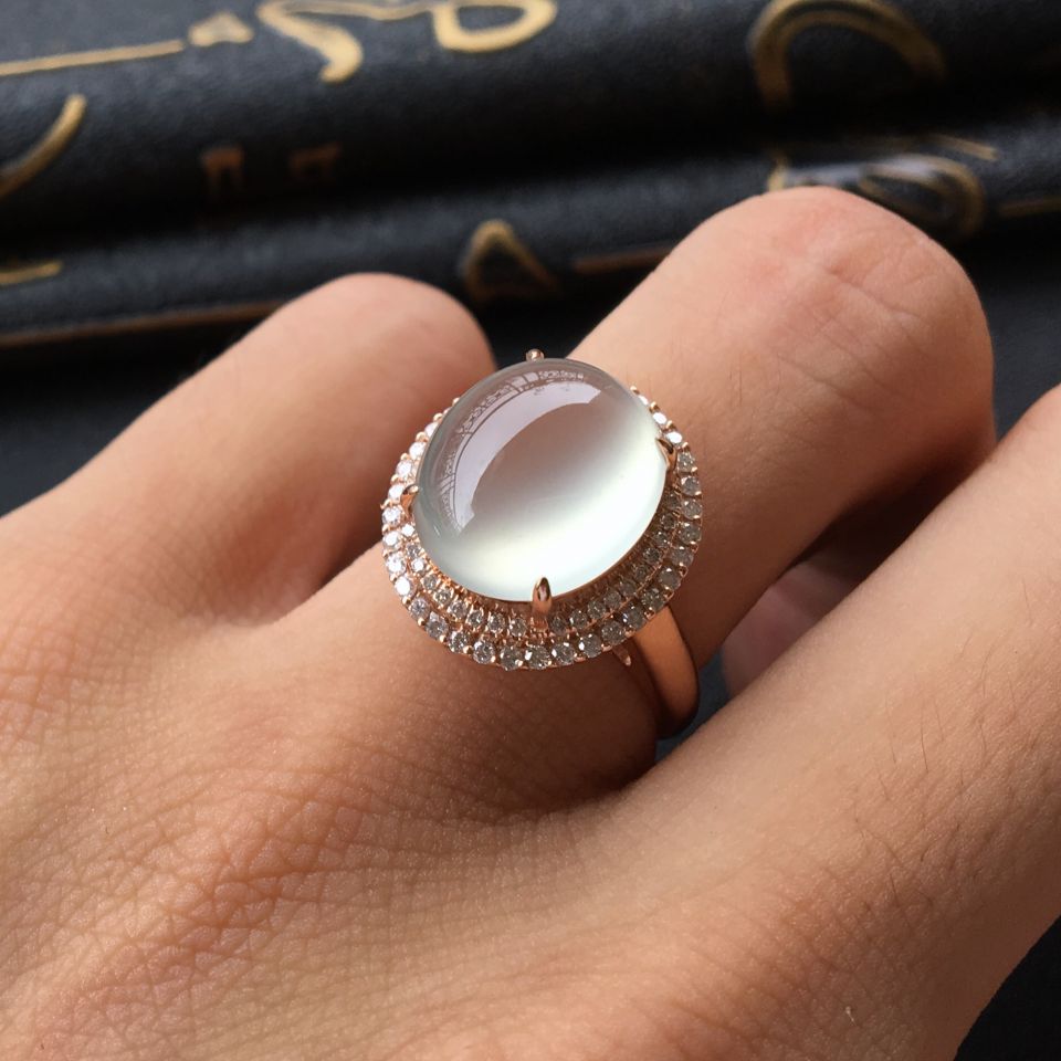 (超值推荐)冰种翠色镶玫瑰金钻石戒指