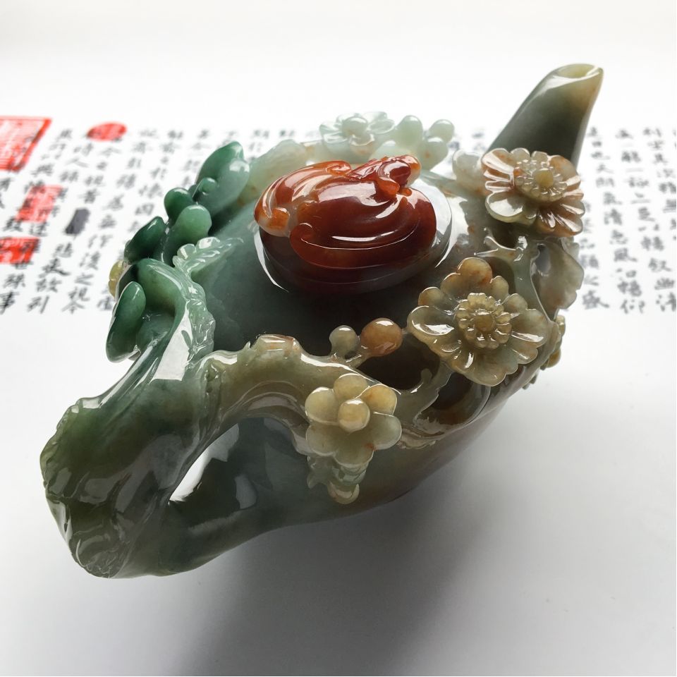 （超值推荐）糯冰种飘花略带红黄翡茶壶摆件