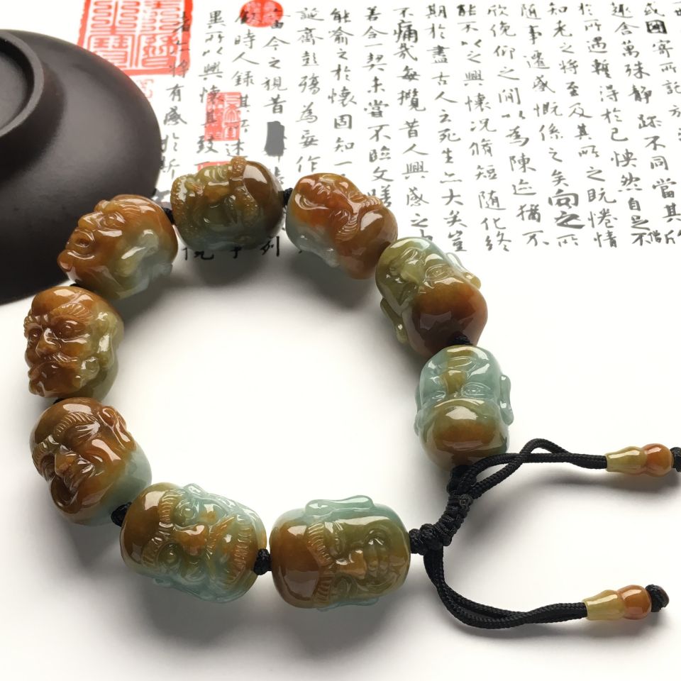 （超值推荐）糯冰种晴水褐黄翡罗汉头手链