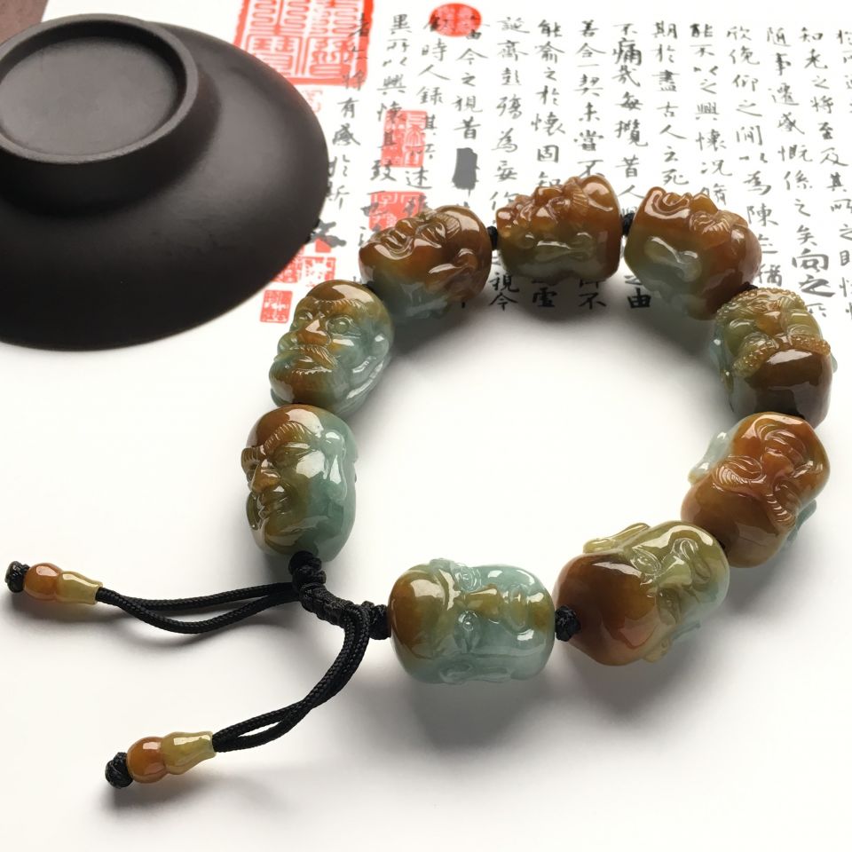 （超值推荐）糯冰种晴水褐黄翡罗汉头手链