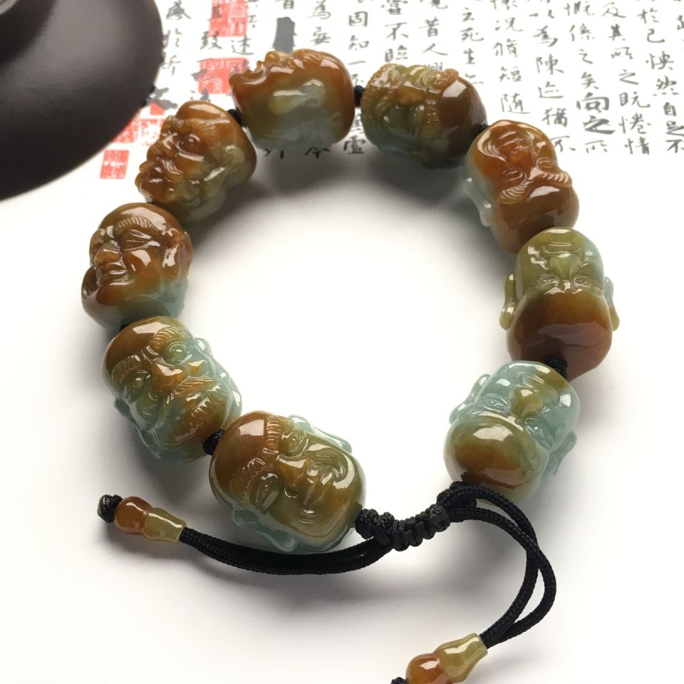 （超值推荐）糯冰种晴水褐黄翡罗汉头手链