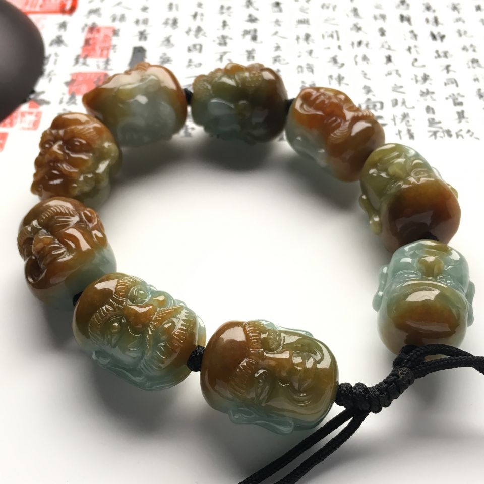 （超值推荐）糯冰种晴水褐黄翡罗汉头手链