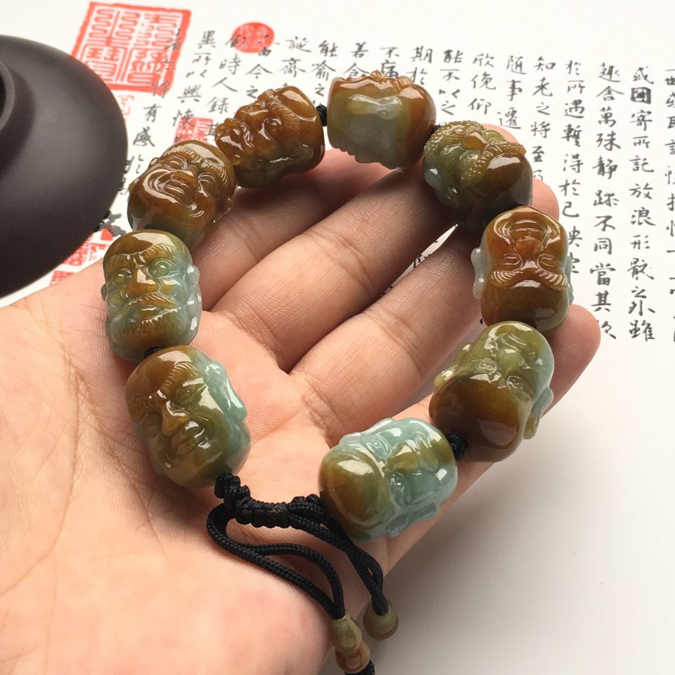 （超值推荐）糯冰种晴水褐黄翡罗汉头手链
