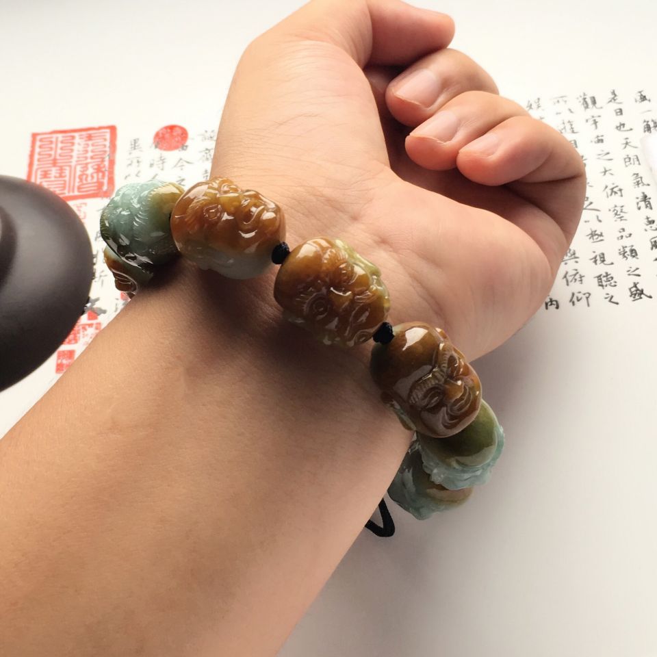 （超值推荐）糯冰种晴水褐黄翡罗汉头手链