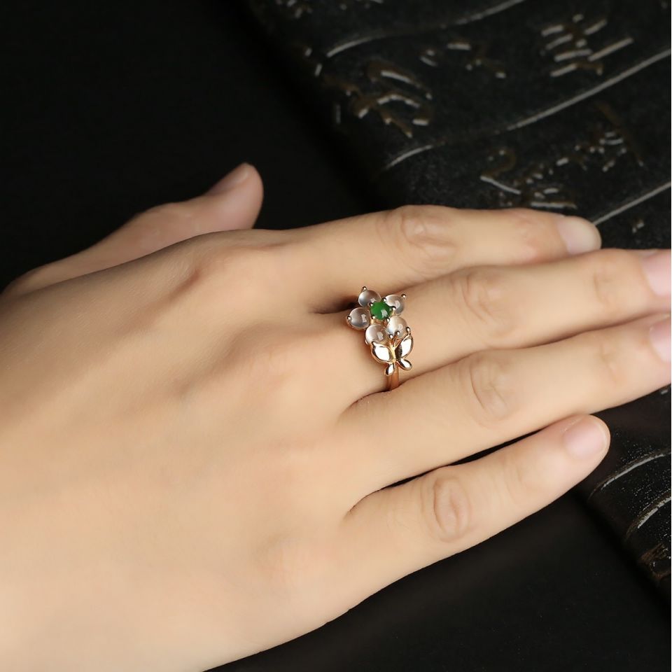 (超值推荐)冰玻种/冰种无色/翠色镶玫瑰金钻石花型戒指