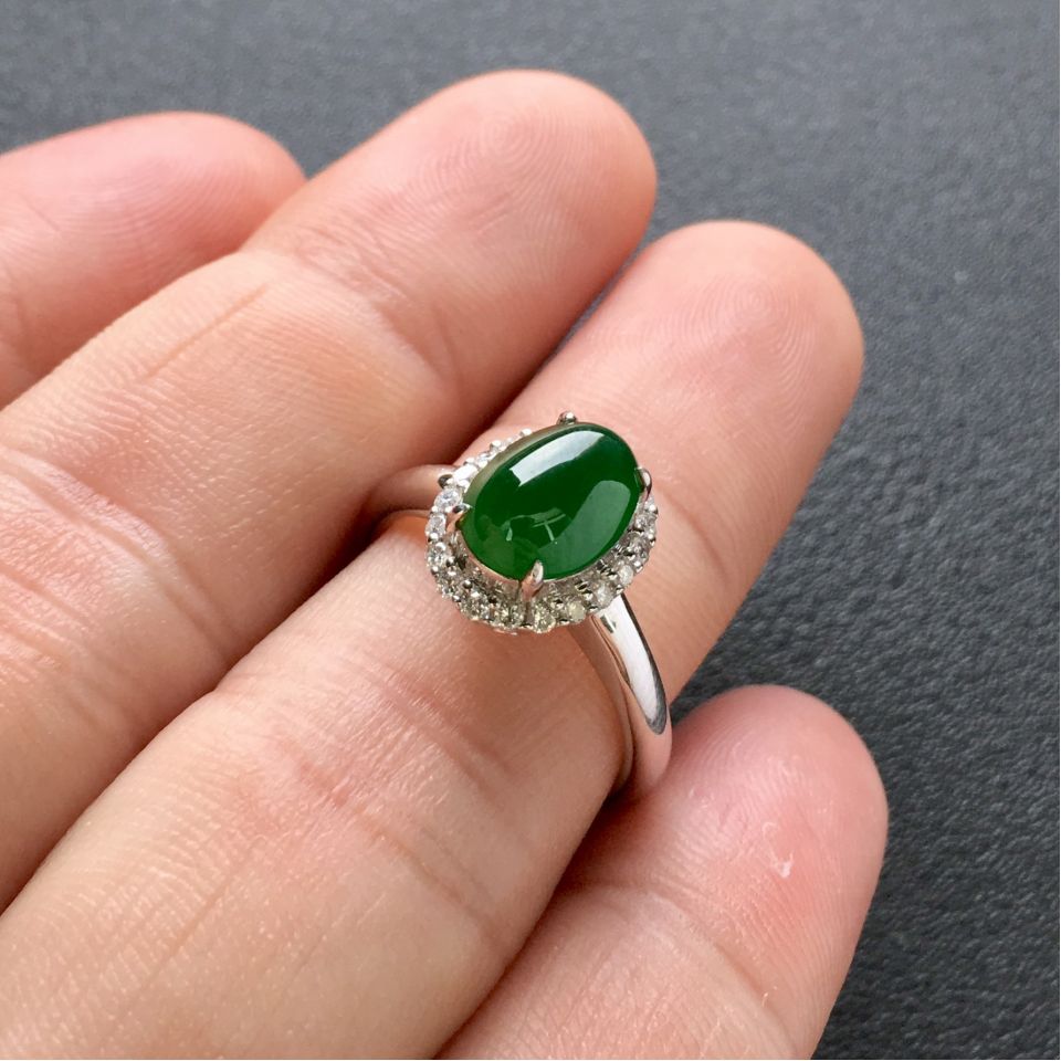 (超值推荐)冰种深绿镶白金钻石戒指