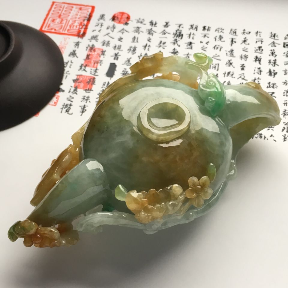 （超值推荐）糯冰种三彩茶壶摆件