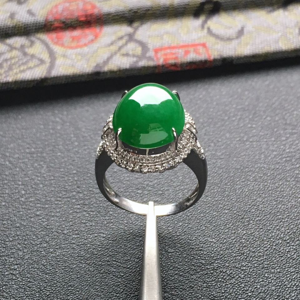 (超值推荐)糯冰种深绿镶白金钻石戒指