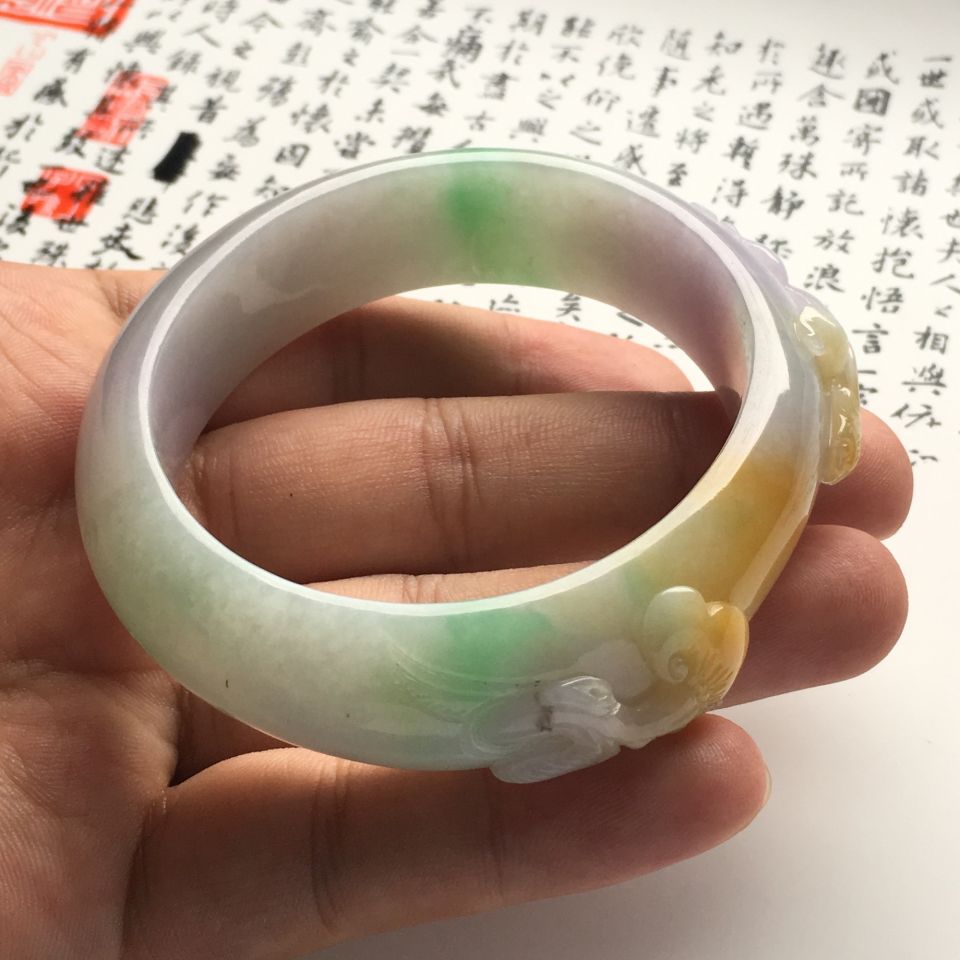 （超值推荐）糯冰种三彩螭龙如意雕花贵妃镯（58.2mm-54mm）