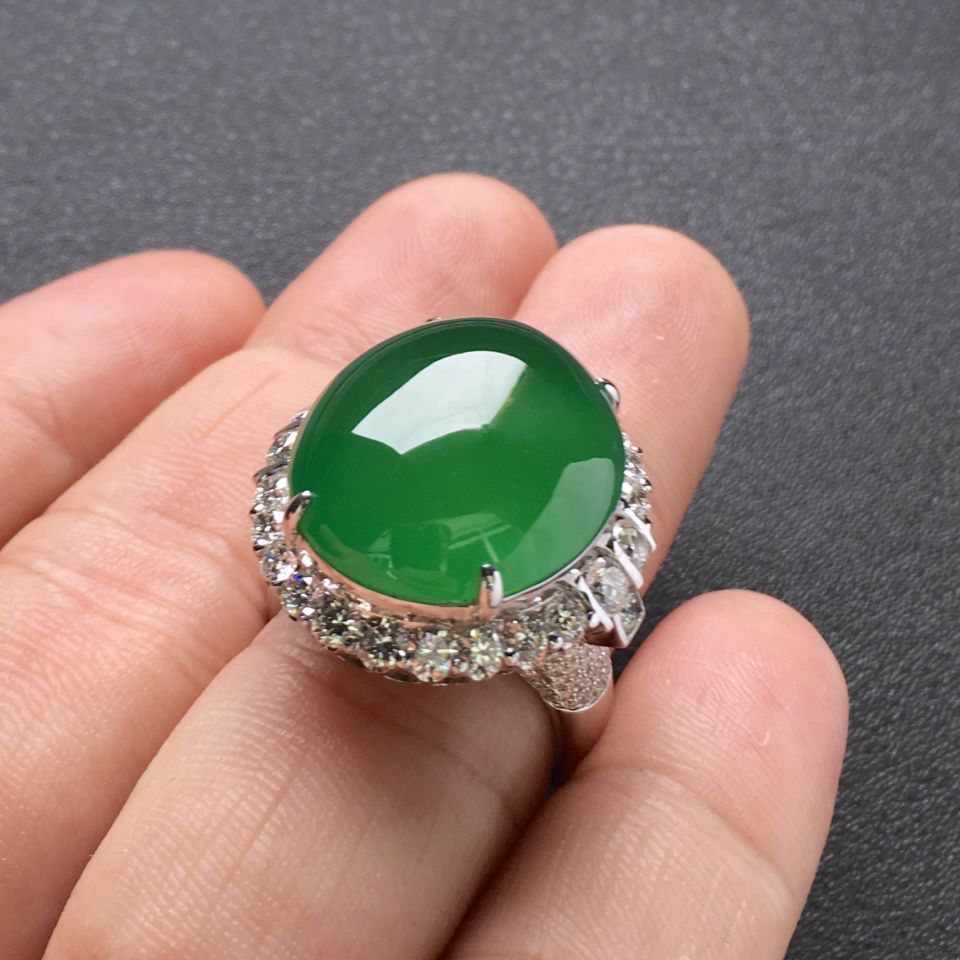 (超值推荐)冰种蓝绿镶白金钻石戒指