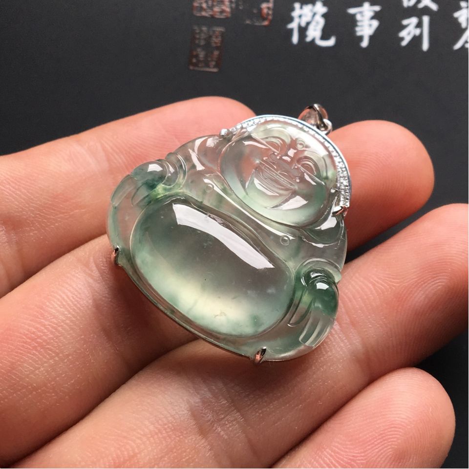 （超值推荐）镶白金钻石冰种飘花玉佛胸坠