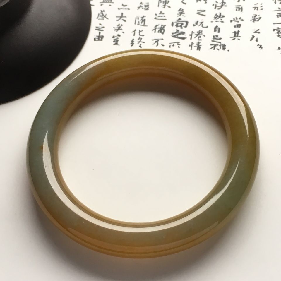 糯冰种褐黄翡圆条手镯（56.7mm）