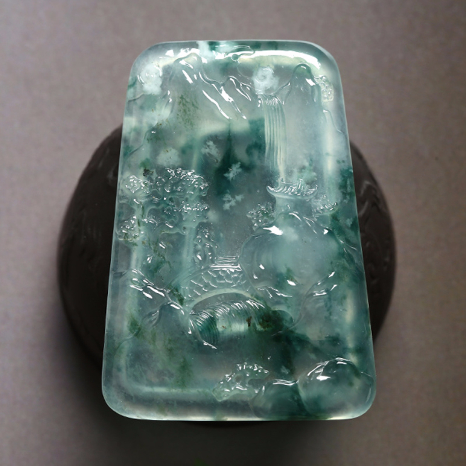 冰种飘花精雕山水牌挂件
