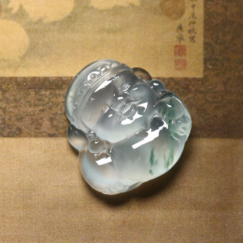 冰玻种飘花财神挂件