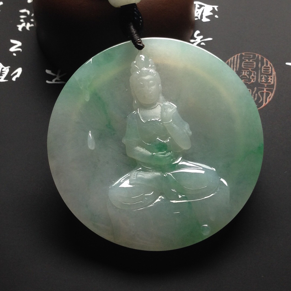 糯冰种飘花观音挂件翡翠