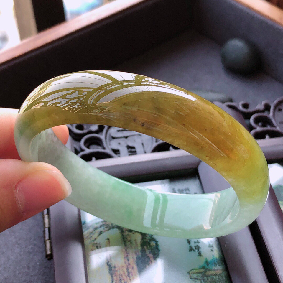 翡翠细糯种褐黄翡宽边手镯53.9mm