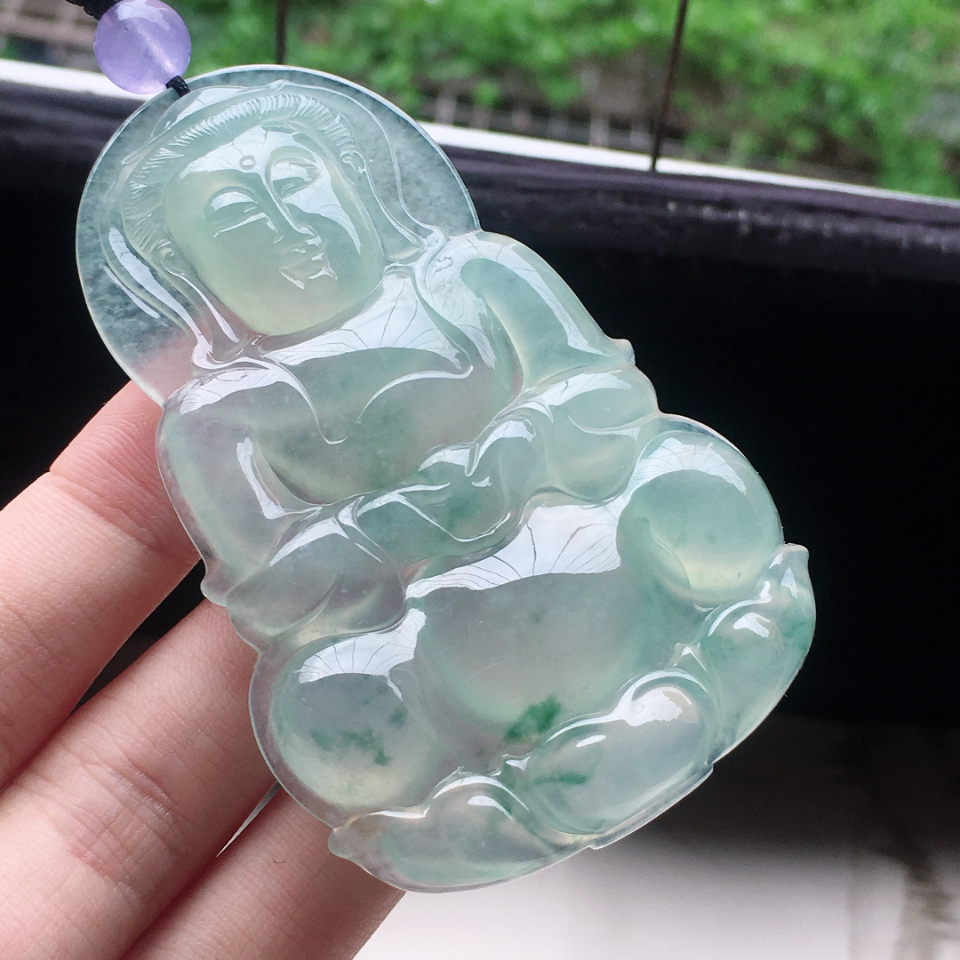 翡翠糯冰种飘花观音吊坠