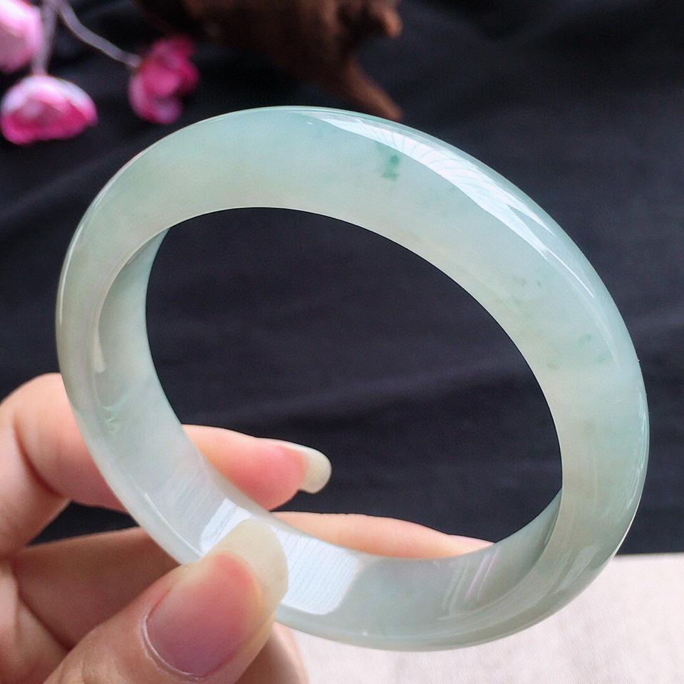翡翠糯冰种飘花正圈手镯55mm