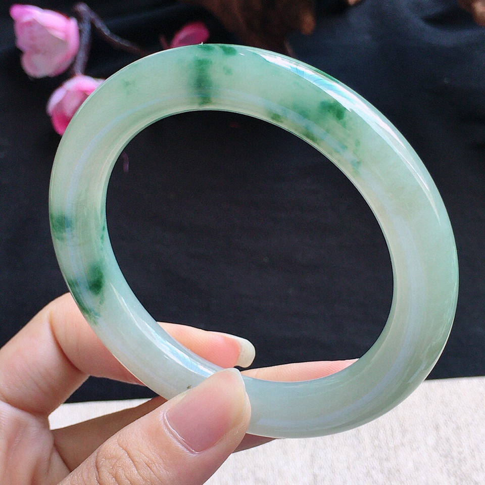 翡翠糯冰种飘花圆条手镯56mm