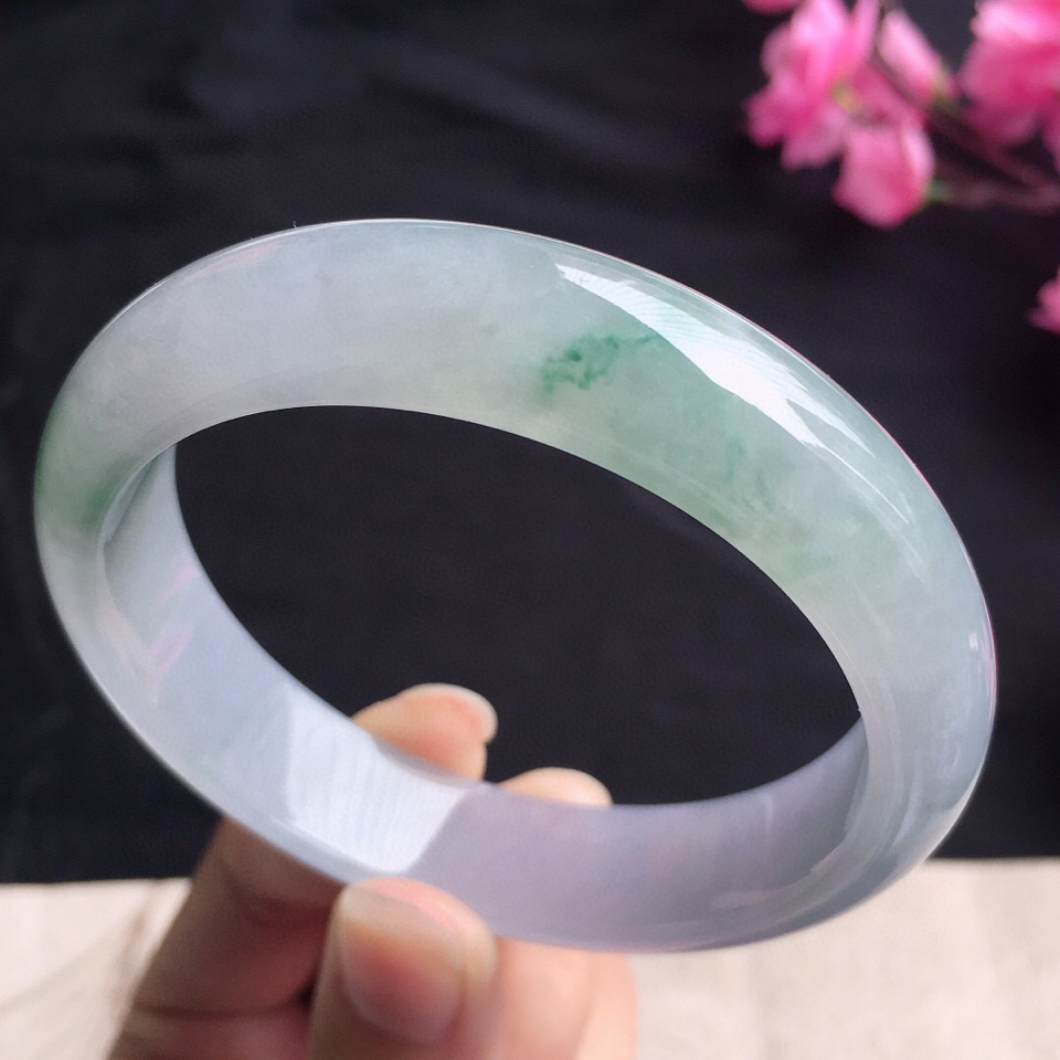 翡翠糯冰种飘花正圈手镯58mm