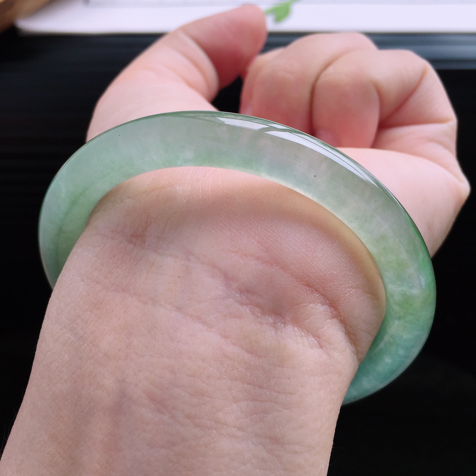 天然翡翠冰糯种冰黄圆条手镯554mm