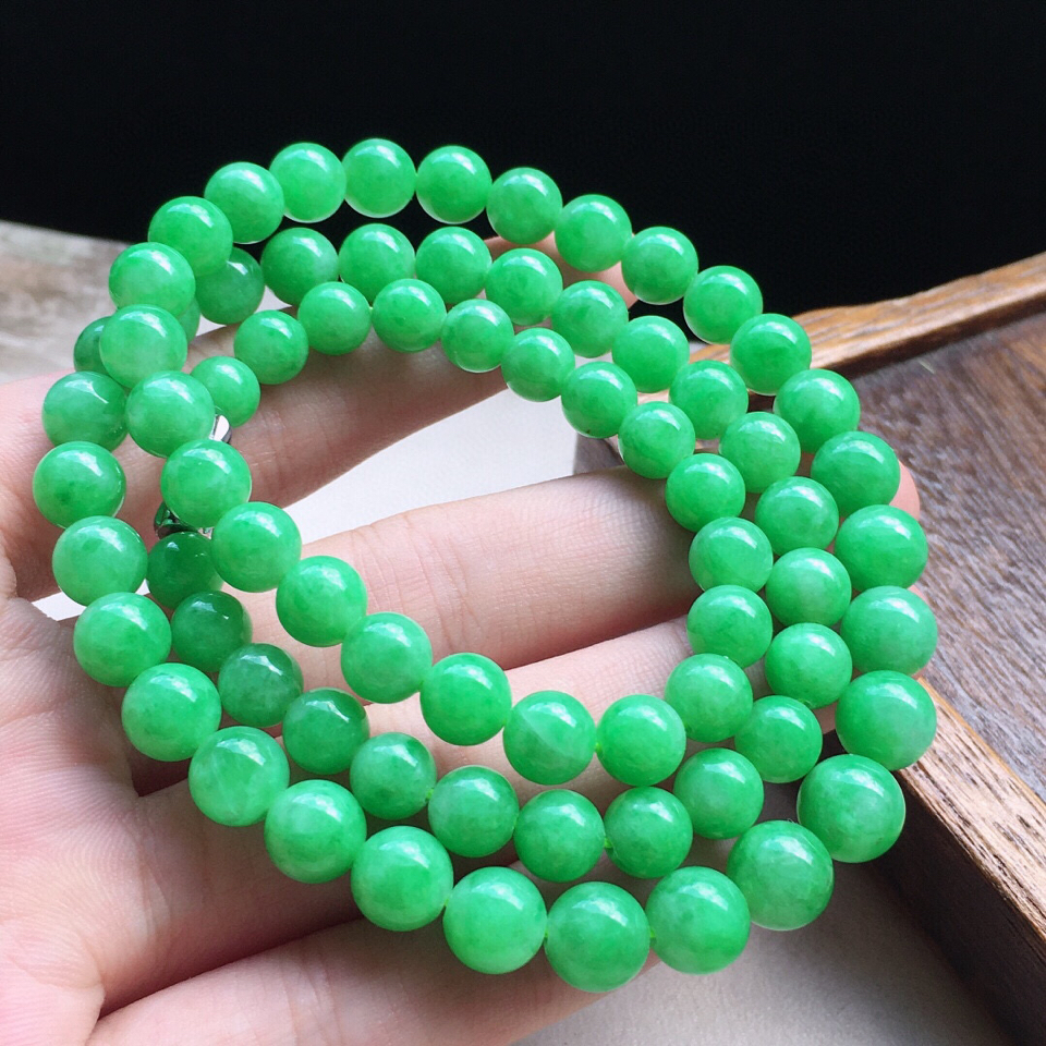 串珠项链，翡翠细糯种满绿圆珠项链（银扣）