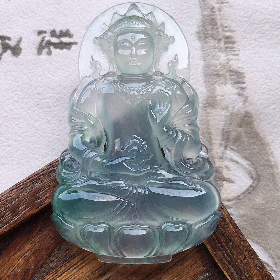 翡翠观音，翡翠冰种大件飘花保平安观音吊坠