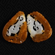 糯冰种黄翡缅甸翡翠龙凤对佩挂件