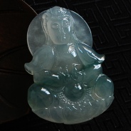 糯冰种飘花缅甸翡翠观音挂件