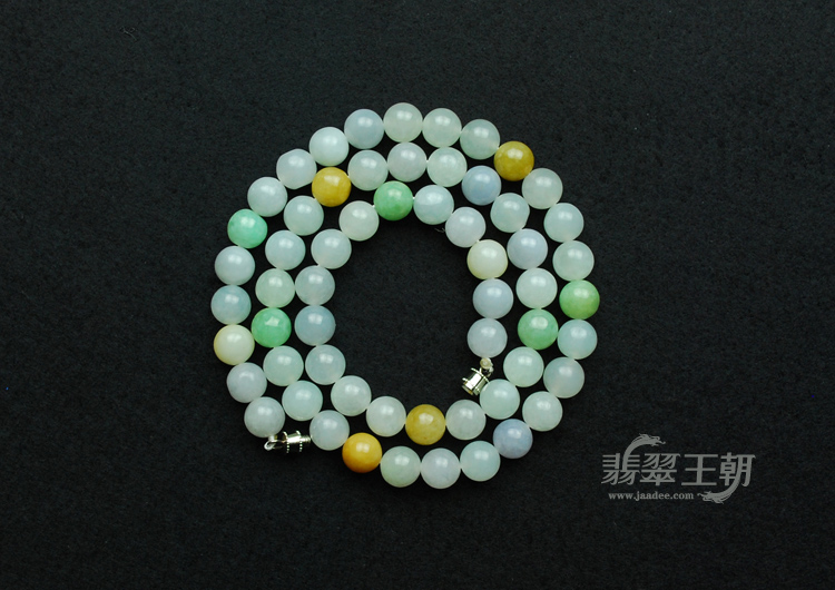 糯冰种四彩缅甸翡翠圆珠项链