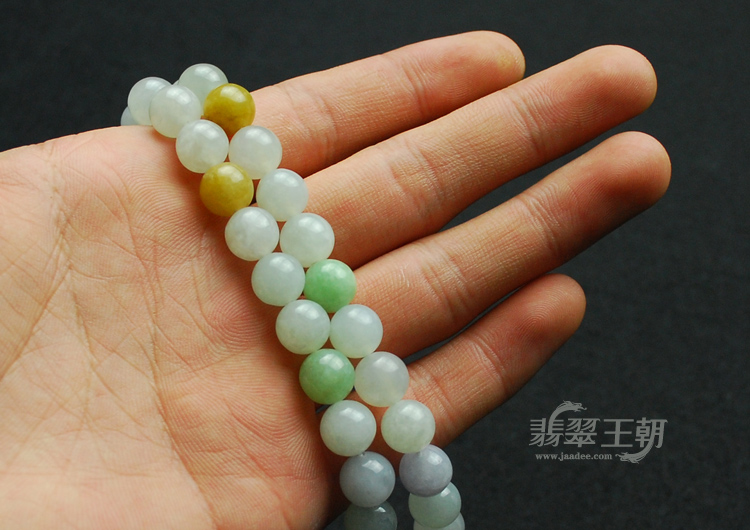 糯冰种四彩缅甸翡翠圆珠项链