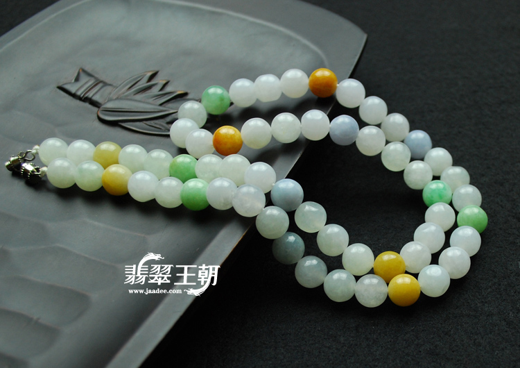 糯冰种四彩缅甸翡翠圆珠项链