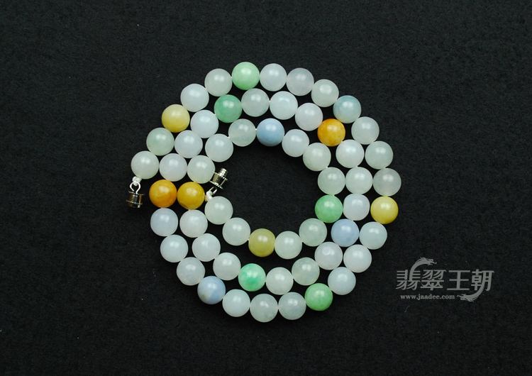 糯冰种四彩缅甸翡翠圆珠项链
