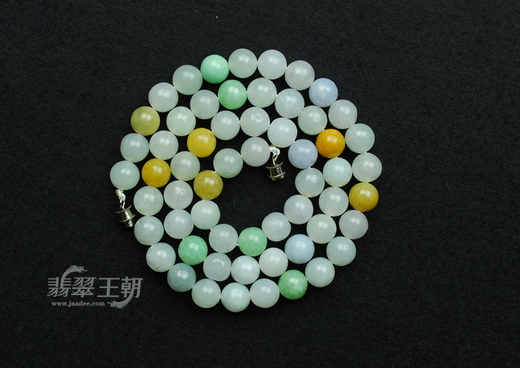糯冰种四彩缅甸翡翠圆珠项链