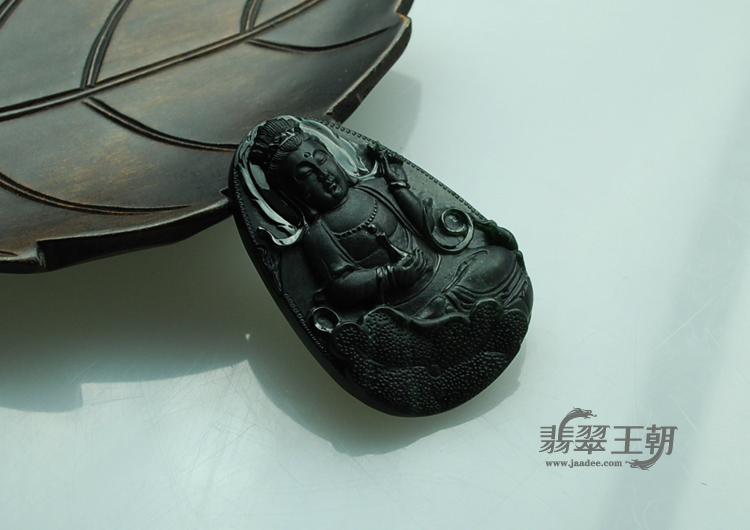 冰种墨翠缅甸翡翠荷叶观音挂件
