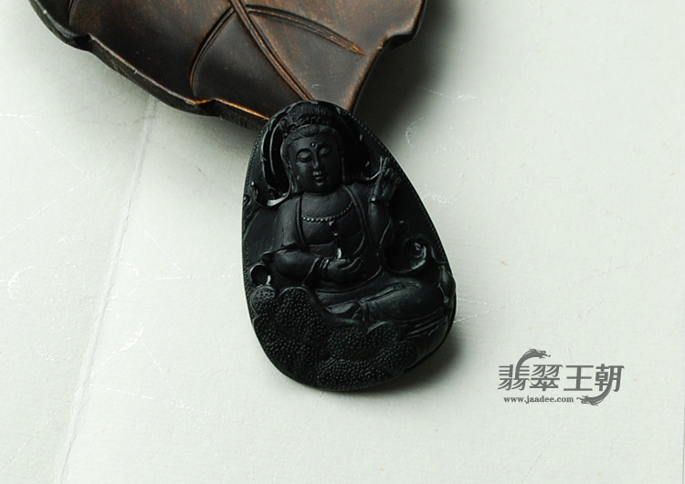 冰种墨翠缅甸翡翠荷叶观音挂件