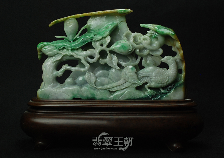 细糯种黄加绿缅甸翡翠“凤戏牡丹”摆件