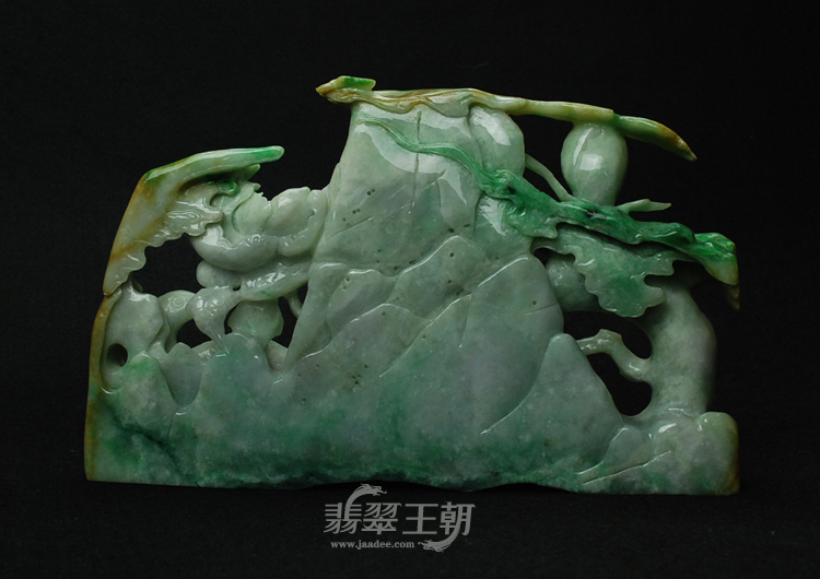 细糯种黄加绿缅甸翡翠“凤戏牡丹”摆件