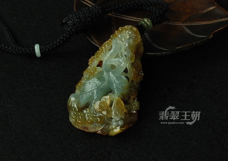 冰种黄翡缅甸翡翠“松鹤延年”挂件