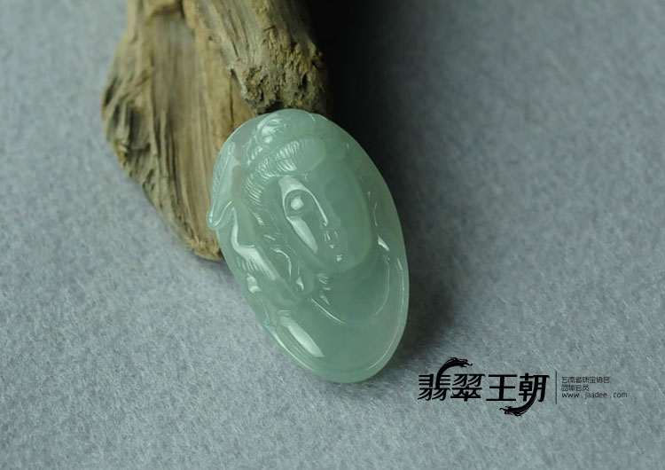 糯冰种蓝晴水缅甸翡翠观音头挂件