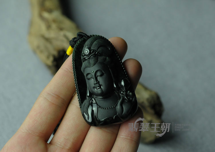 冰种墨翠缅甸翡翠观音头挂件