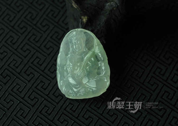 冰种飘花缅甸翡翠莲花观音挂件