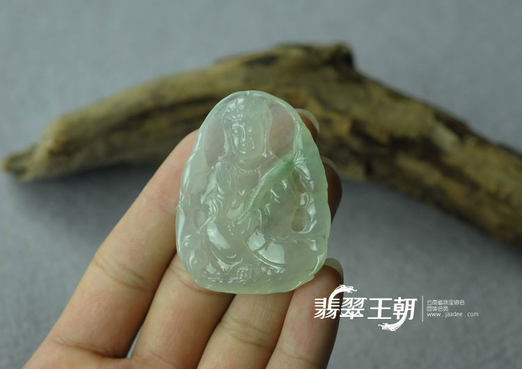 冰种飘花缅甸翡翠莲花观音挂件