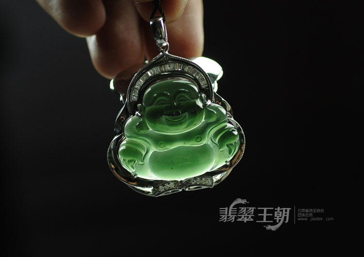 玻璃种黛绿包白金缅甸翡翠玉佛挂件
